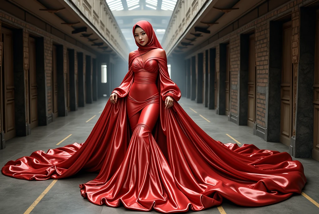 Asian woman wrapped in a transparent black cloth mimicking a mermaid gown with a striking long train, puff sleeve, the cloth clings tightly to her figure, incorporates a hijab, standing with poise, see through whole body, half naked, nipple on, dramatic lighting, volumetric textures, very long cloth, in bed room, ultra realistic, golden ratio.