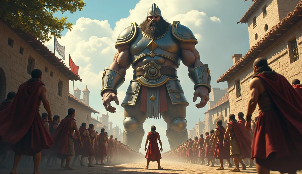 “Create a dynamic scene of young David standing confidently, facing the towering figure of Goliath. David, a boy with a determined expression, holds a slingshot firmly in his hand. His posture is strong, with his feet planted firmly on the ground. Goliath looms above him, clad in heavy armor, with an intimidating and fierce expression. The background should depict fear in the frightened villagers, who scatter and watch from behind walls and trees, their faces a mixture of awe and terror. The village is quaint, with cobblestone streets and fluttering banners, creating a stark contrast to Goliath's formidable figure. The sky above might be somewhat overcast, adding to the tension of the moment. 