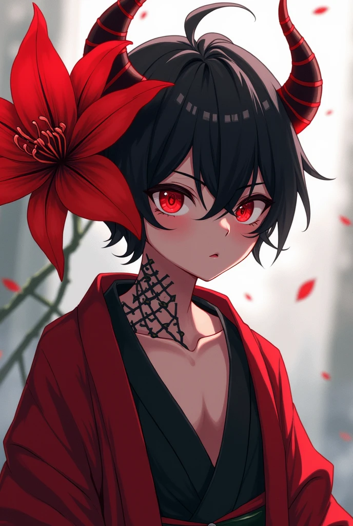 menacing, crimson red and black flower demonized open kimono, black hair, red tips in hair, short hair, slightly wavy hair, male, small, curved horns, tattoo above left eye and on neck, crimson spider lily on left side of hair, anime art style
