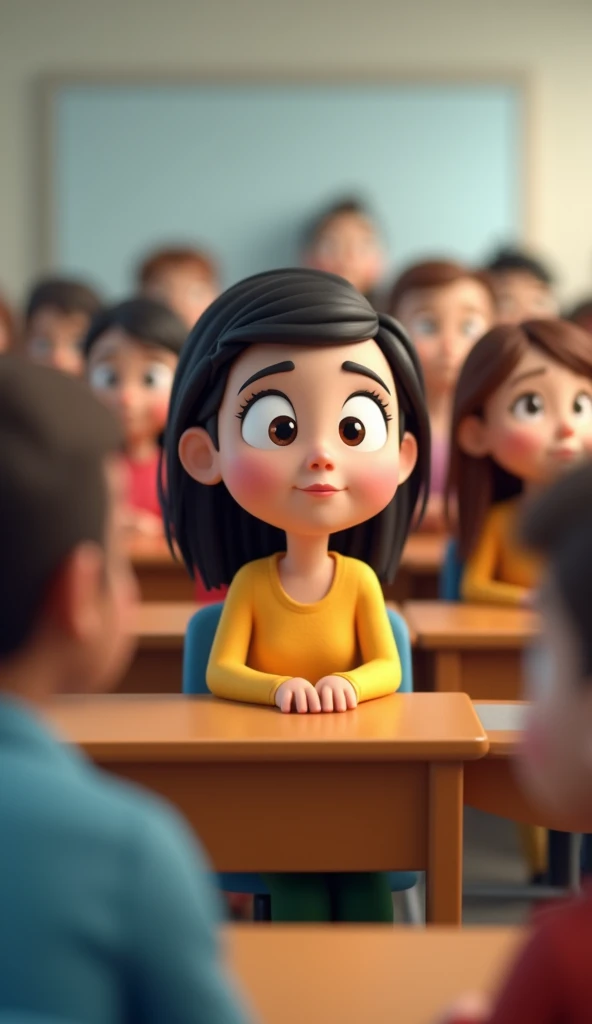3D animation style image of a group of students sitting at their desks, all looking attentively at the professor. The students are diverse in appearance, with simple expressions of curiosity and interest. The classroom background is minimalistic, keeping the focus on the students and their attentive expressions.