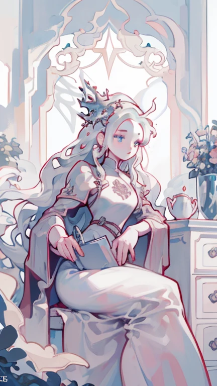 Woman with white hair sitting on an iron throne, game of thrones style, epic detailed, best quality, many details, white long hair natural, iron throne from game of thrones, Targaryen princess, medieval woman, medieval princess, beautiful medieval art, masterpiece 