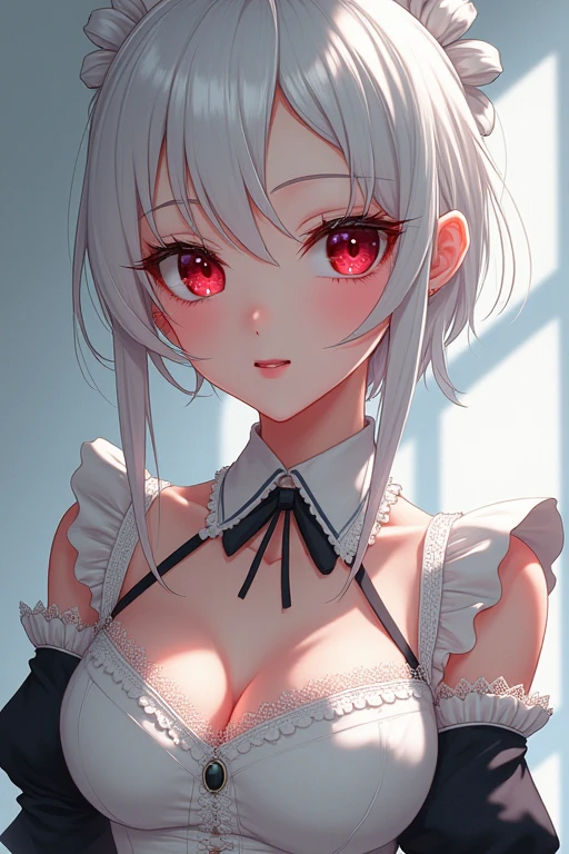 Anime, girl with big breasts, elegant maid outfit, shiny white hair, bright crimson eyes, and a cold and expressionless face .