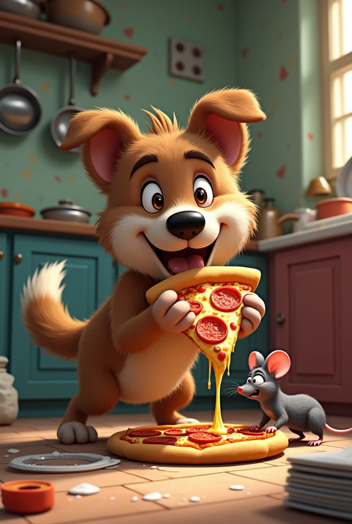 Dog with a rat and eating pizza