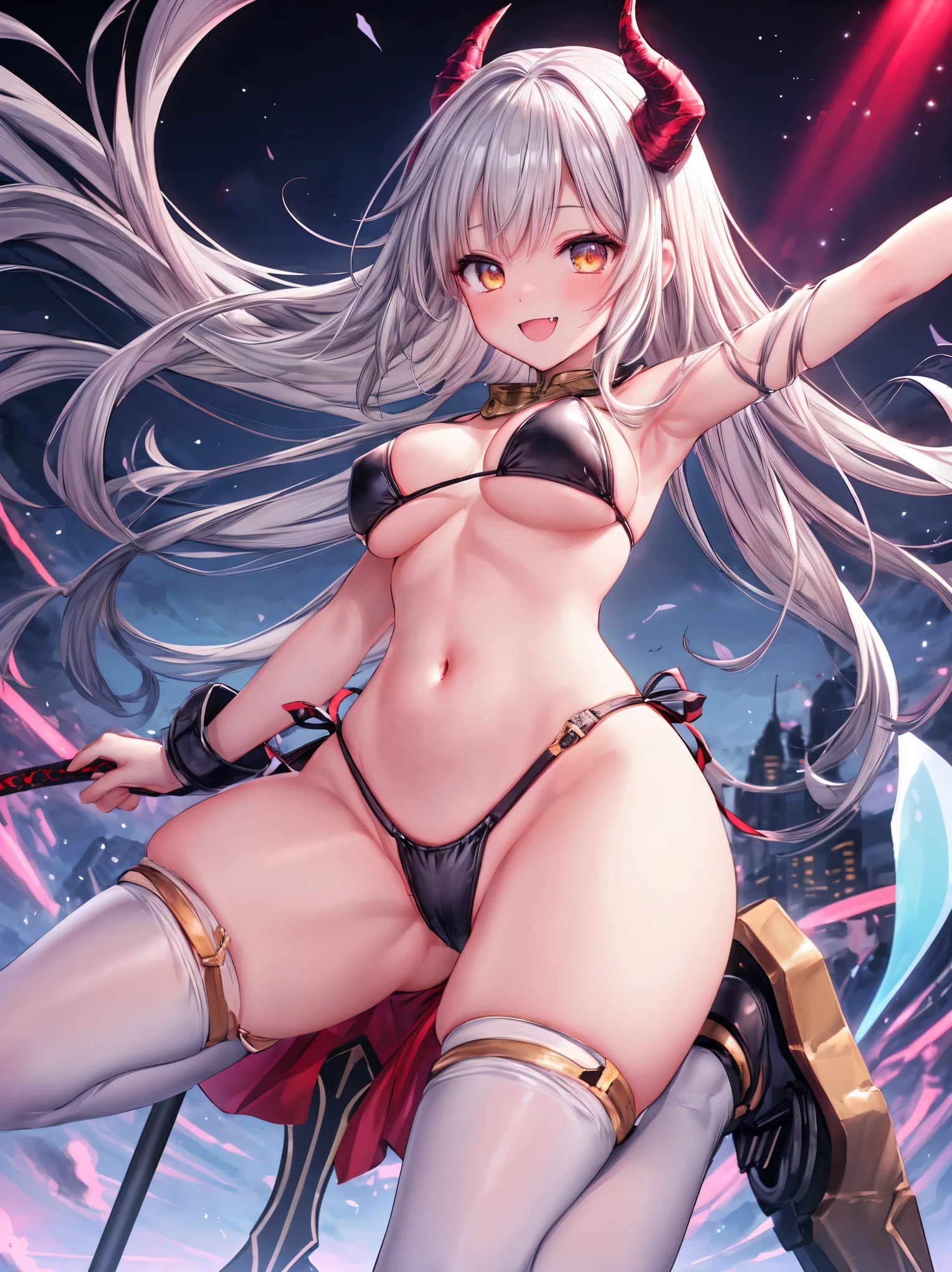 fantasy, 1devil_girl, low_, platina_blond_hair,long_bangs, bare_shoulder, navel out, thighhighs,silver_armor, red_Bikini,waist_armor, Glebe, hold_swords, large_tits, dynamic_floating_pose,Floating,(pelvic_curtain:1.3), silver_Headgear ,looking_down_at_sunrise_city_sky_background,,slightly_spread_legs,solo,horn ,smile,,open_legs,open_arms,rise_knee,rise_leg,rise_thigh,rise_leg,apart_legs,fang,Shiny_gold_eyes,crotch