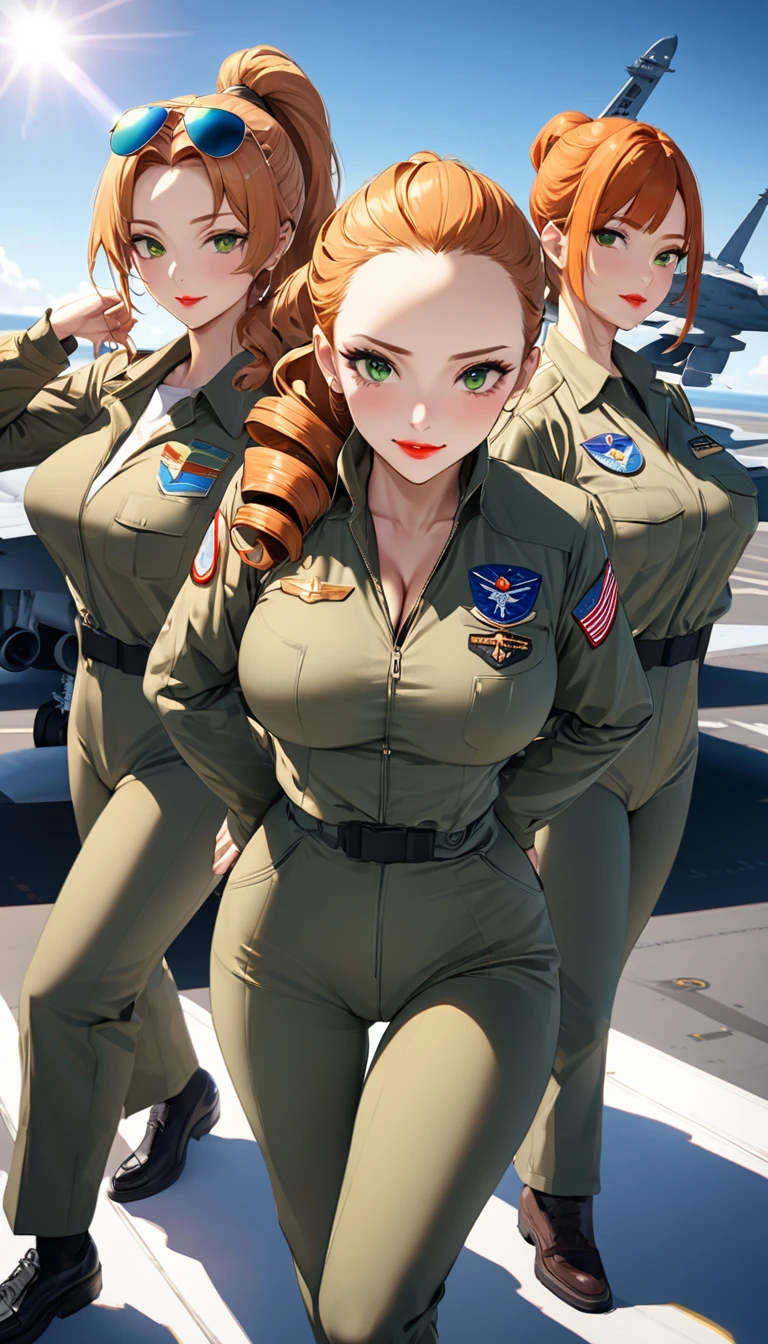 独奏, cowboy shot, (Highest quality,4K,8k,High resolution,masterpiece:1.2),Very detailed, One woman, (((3 mature woman))), Best Bust、Large Breasts, Cleavage、Beautiful Eyes、Orange Hair、green eyes、Red lips, ((ponytail)), (Drill Hair), ((forehead)), (sideburns), Very cute face, Glossy Lips, Double eyelids on both eyes, Tight waist、Beautiful Face、Natural smile、Green US Air Force military suit, Wearing sunglasses, Aviator Model (Ray-Ban RB3025), Natural light, On the aircraft carrier、F-18 military air force base background aircraft, Model Pose, Lens flare