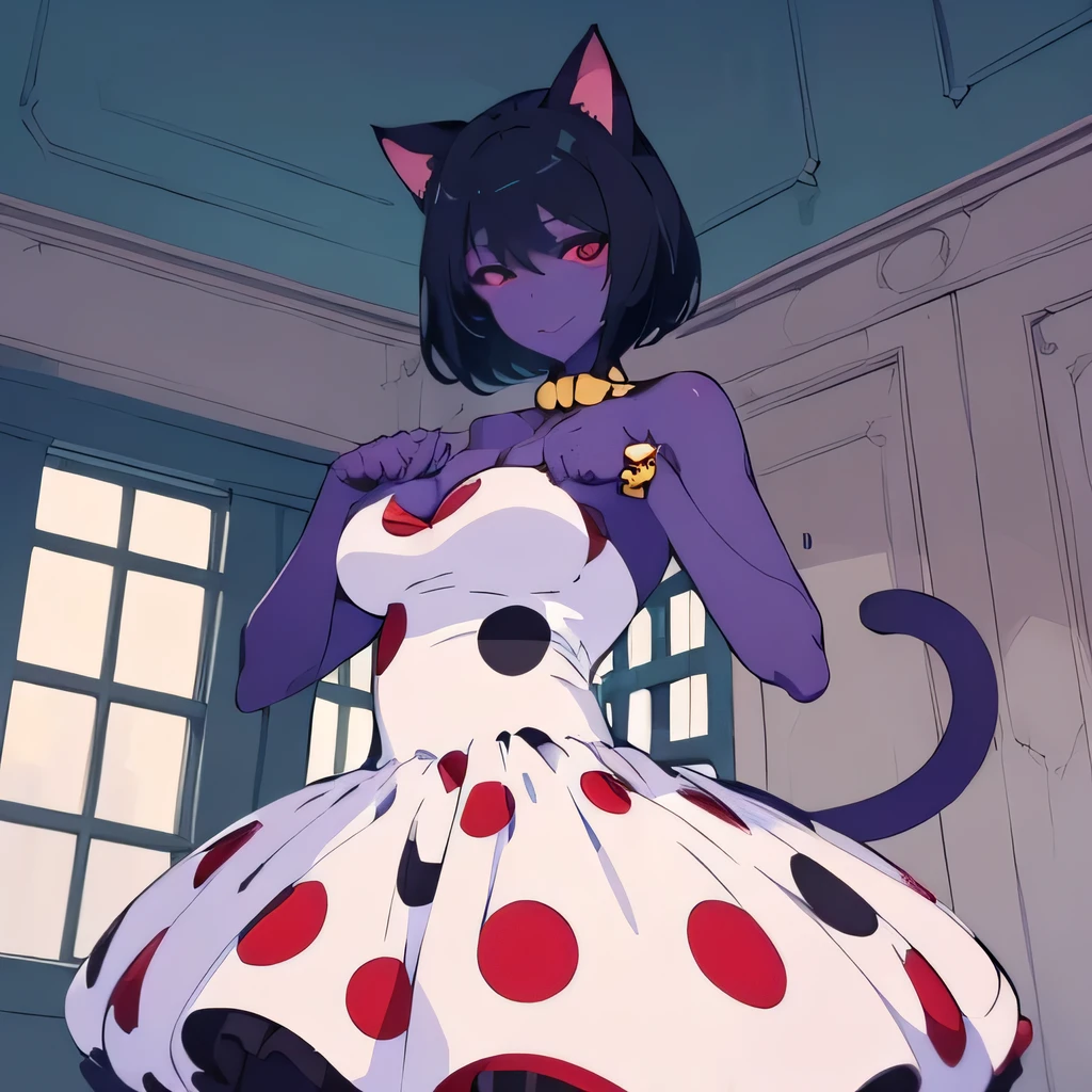 ((masterpiece,best quality,ultra-delicate,Perfect Face,16k,high resolution,very beautiful girl)), purple skin, cat ears, cat tail,
polka dots pattern white strapless dress, polka dots pattern white tights, black short hair, red eyes, large breasts, smile,paw pose