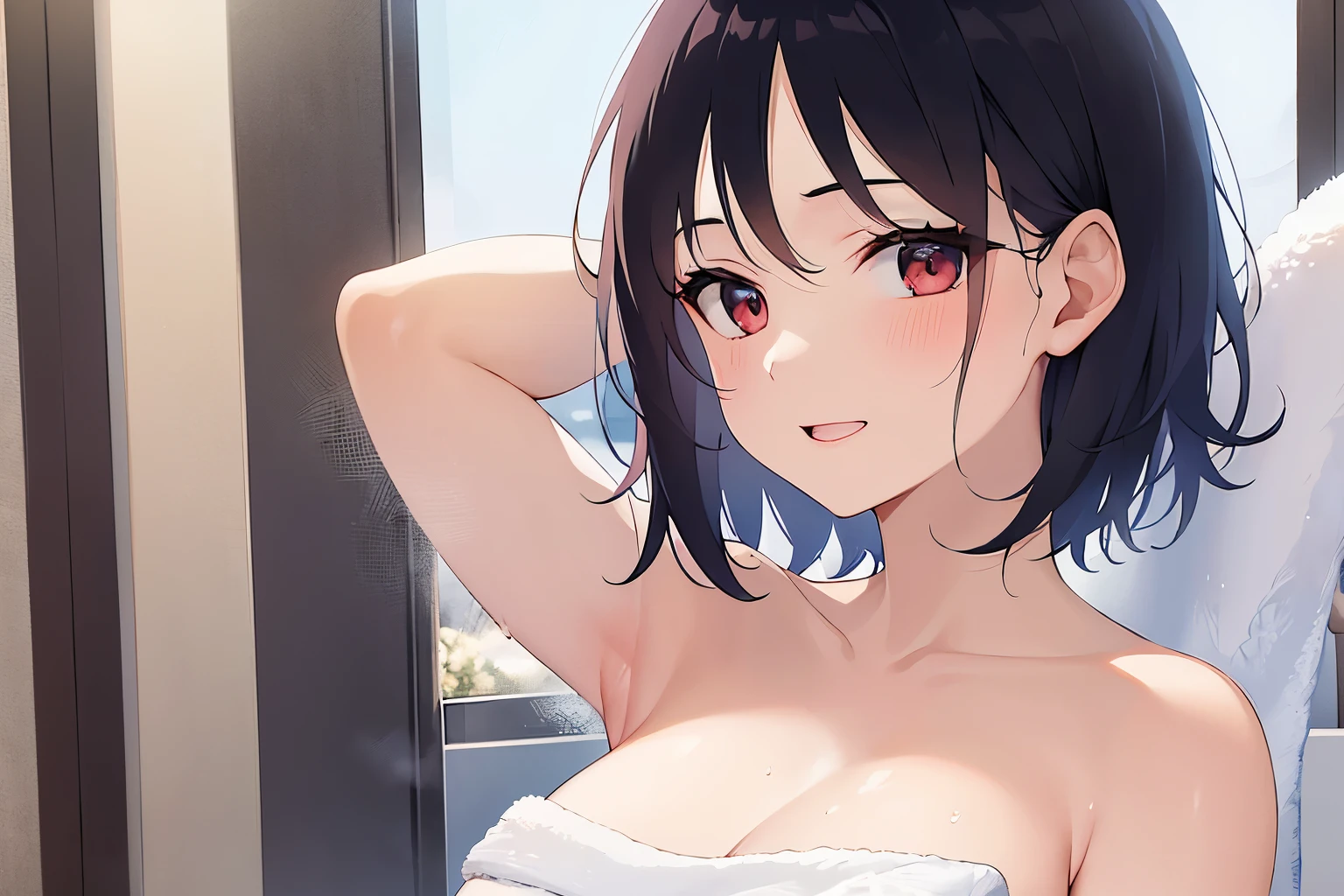 naked towel, sweat,Wet, armpits, (naked towel:1.4),(white towel:1.2),(fluffy towel:1.7), Bathroom, mature female、big breasts, Upper Body, (pale skin:1.2), shiny skin, shiny hair、(A woman in her 40s) and (bob cut) and (wavy hair) and (hair between eyes) and (black hair) and (red eyes), smile, (blush:1.3),