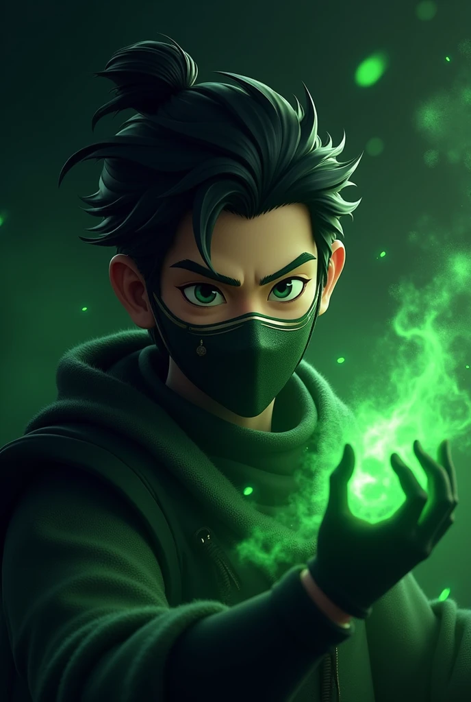 I wann black myth wukong game character and black background with green sparkles with mask with black hair with banner size 16:9 I wanna yt banner size in real animate style