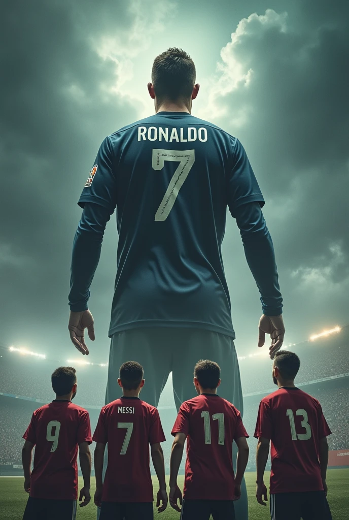 “Create a dramatic scene of an uneven confrontation. On the left, the Barcelona team, including Messi, stands together, appearing small and helpless. On the right, a colossal Ronaldo, wearing the number 7 Real Madrid jersey, looms over them like an unstoppable force of nature. The Barcelona team is directly beneath him, looking up in awe and powerlessness. The background should be intense, with stormy clouds, emphasizing Ronaldo as a towering, overwhelming force, while the Barcelona team is dwarfed by his presence.”