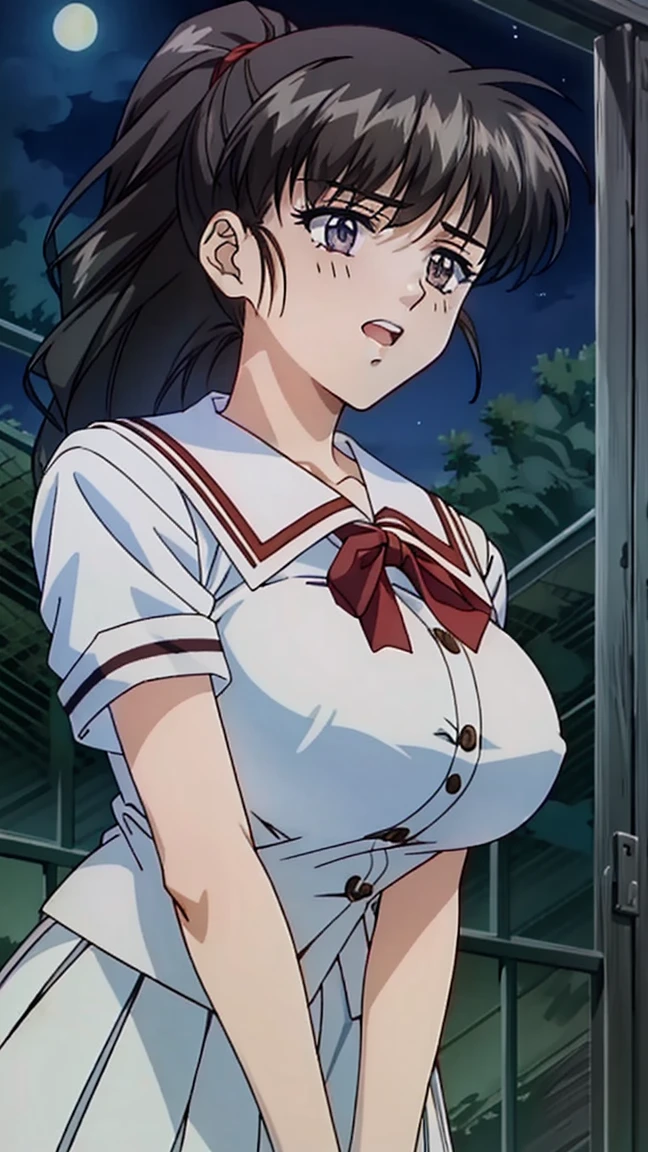 night,high school girl、Big Breasts White Uniform ponytail( Embarrassed face、),