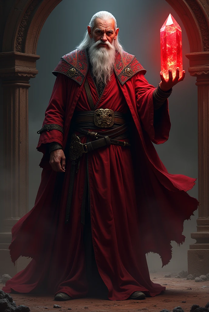 Draw me a human male level 1 Blood magic wizard with a crimson crystal