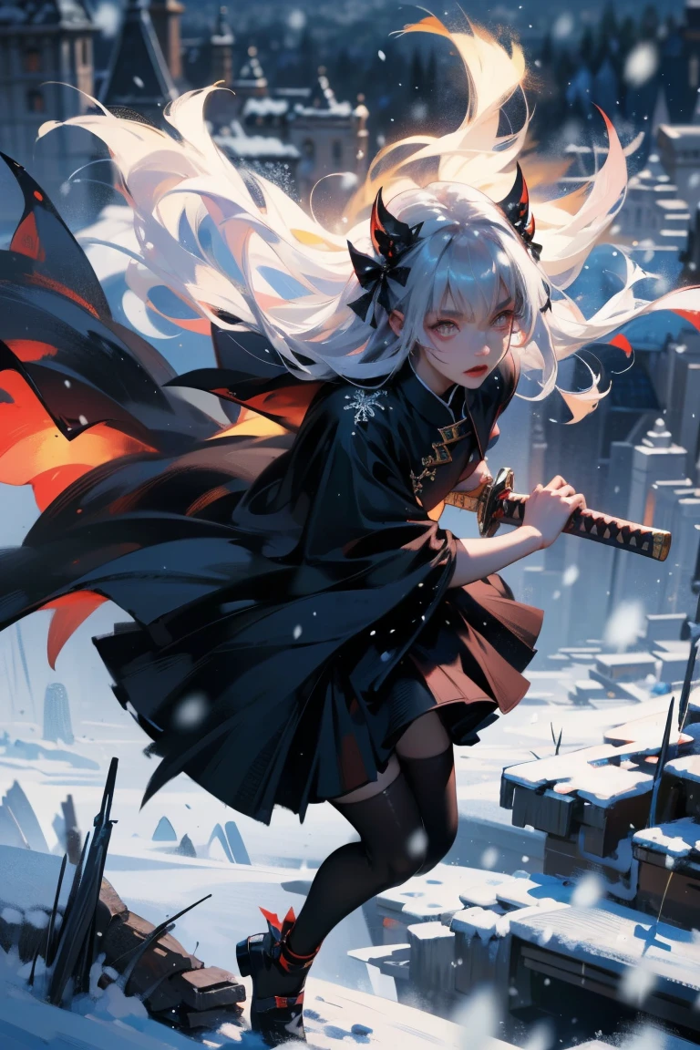 uhd, textured skin, good quality, High details, ​masterpiece, best quality, high detail face, (Amazingly absurd:1.2), (​masterpiece:1.2), fluffy, 1 Girl, Dragon ears, Dress with ruffles, glowing eyes, shining hair , Whole body love, very long hair, hair ribbon, black kneesocks, full body, Kawaiitech, soft colours, Kawaii, Beautiful colors, (Snow:1.5), (Wet:1), (Night:2), (Landscape:2), battojutsus, (holding Katana:1.5),