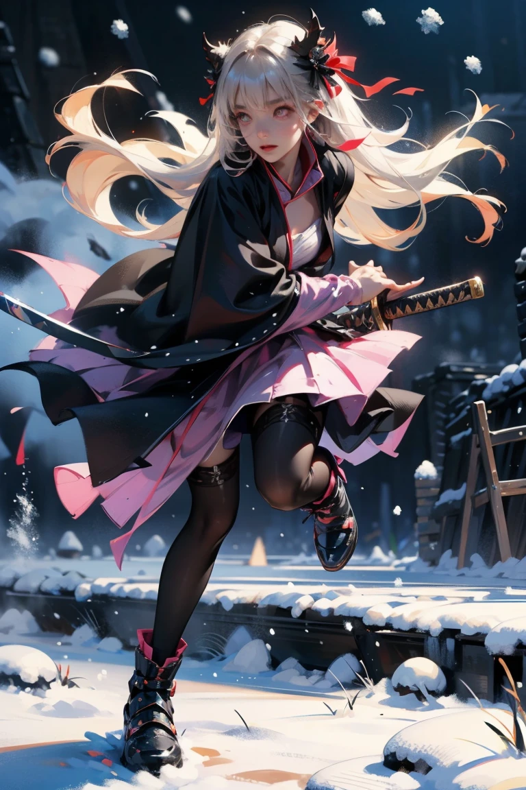 uhd, textured skin, good quality, High details, masterpiece, best quality, high detail face, (Amazingly absurd:1.2), (masterpiece:1.2), fluffy, 1 Girl, Dragon ears, Dress with ruffles, glowing eyes, shining hair , Whole body love, very long hair, hair ribbon, black kneesocks, full body, Kawaiitech, soft colours, Kawaii, Beautiful colors, (Snow:1.5), (Wet:1), (Night:2), (Landscape:2), battojutsus, (holding Katana:1.5),