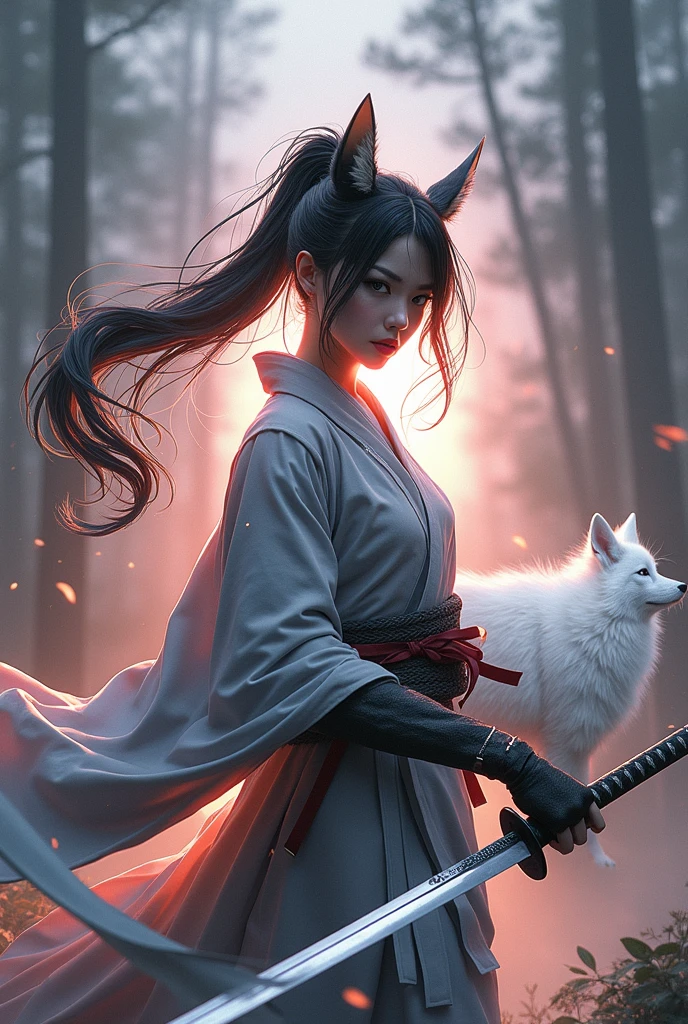 Mysterious samurai girl (Musashi Miyamoto) Japanese long sword fighting, Separated by every violent attack、Covered in thick fog, obscuring the view, Revealing a bright and surreal scene, Blade&#39;The s-cut stands out against a blurred background.., mysterious background, The sharp eyes of the white fox meet the audience..., A thick layer of fog covers the landscape., drill, Clear eyes, An exquisite and beautiful kimono, Amazing light and colours