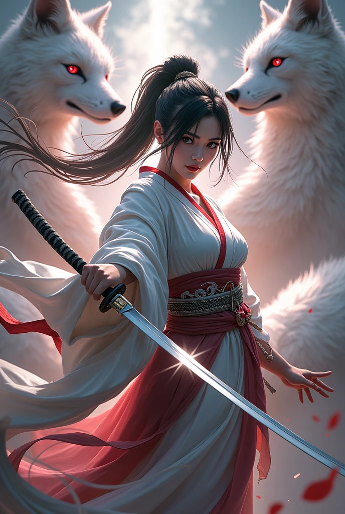 Mysterious samurai girl (Musashi Miyamoto) Japanese long sword fighting, Separated by every violent attack、Covered in thick fog, obscuring the view, Revealing a bright and surreal scene, Blade'The s-cut stands out against a blurred background.., mysterious background, The sharp eyes of the white fox meet the audience..., A thick layer of fog covers the landscape., drill, Clear eyes, An exquisite and beautiful kimono, Amazing light and colours