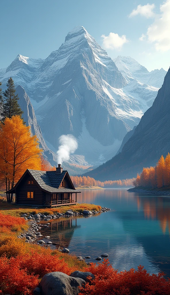 "A breathtaking mountain landscape during autumn, with vibrant orange, red, and yellow foliage covering the trees. The mountains are tall and majestic, with snow-capped peaks touching the clear blue sky. A serene lake reflects the colors of the trees and the mountains, creating a mirror-like effect on the water. In the foreground, a wooden cabin with smoke gently rising from the chimney sits by the lake, surrounded by colorful leaves on the ground. The scene is bathed in the warm, golden light of the setting sun, casting long shadows and enhancing the vivid colors of the landscape."