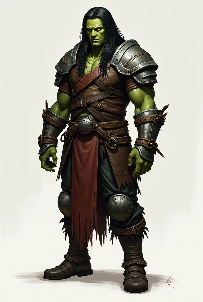  light armor made of leather and iron shoulder pads, brown pants have shackles on his arms and wears brown boots with saws and steel shin guards and knee pads made of the same material as the shin guards. His appearance is lime green skin and long straight black hair and white eyes. 