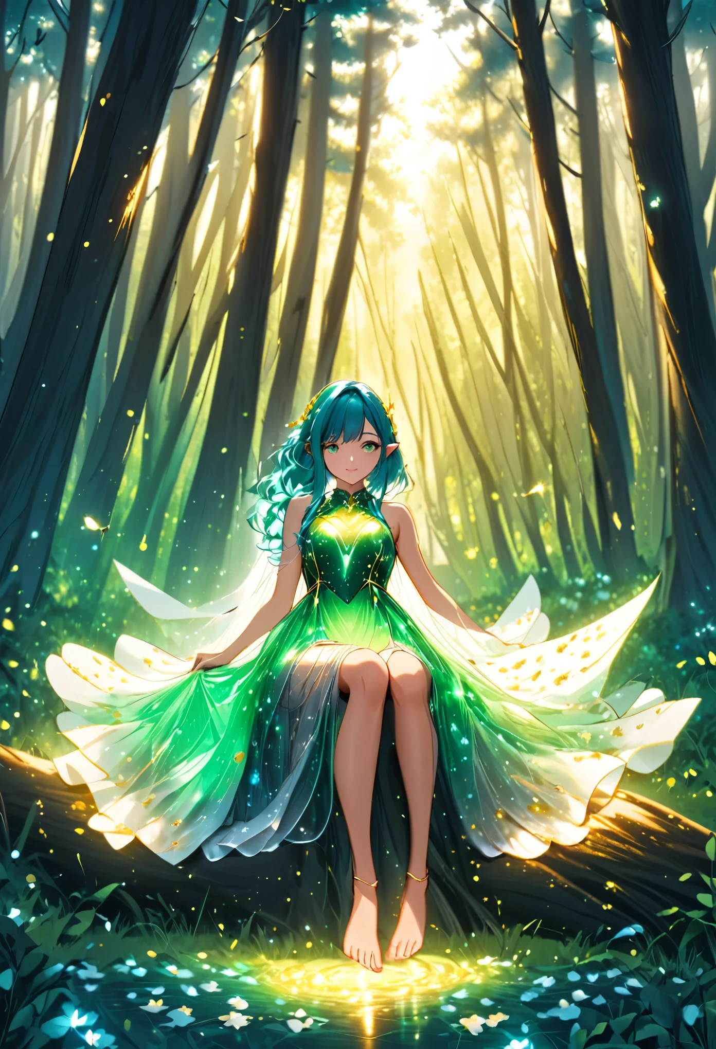 a girl, an elf, emerald hair with white strands, golden eyes, a sparkling silver dress made of petals, barefoot, sitting among the trees, with her arm raised, on which a golden bird is sitting, dragonflies