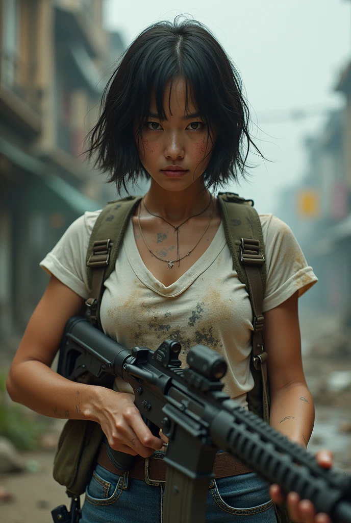 (best quality,8ก,Realistic photos,Realistic skin texture,american woman,beautiful japanese woman,Living in America,wearing dirty white T-shirt and jeans,doubt, ????? body,Rifle,short hair,Urban Warfare,Caught in the event,Start a counterattack,dirty,Action poses full of movement,Impressive and striking elements,half body,stalwart,Zoom out)、Facial abrasions