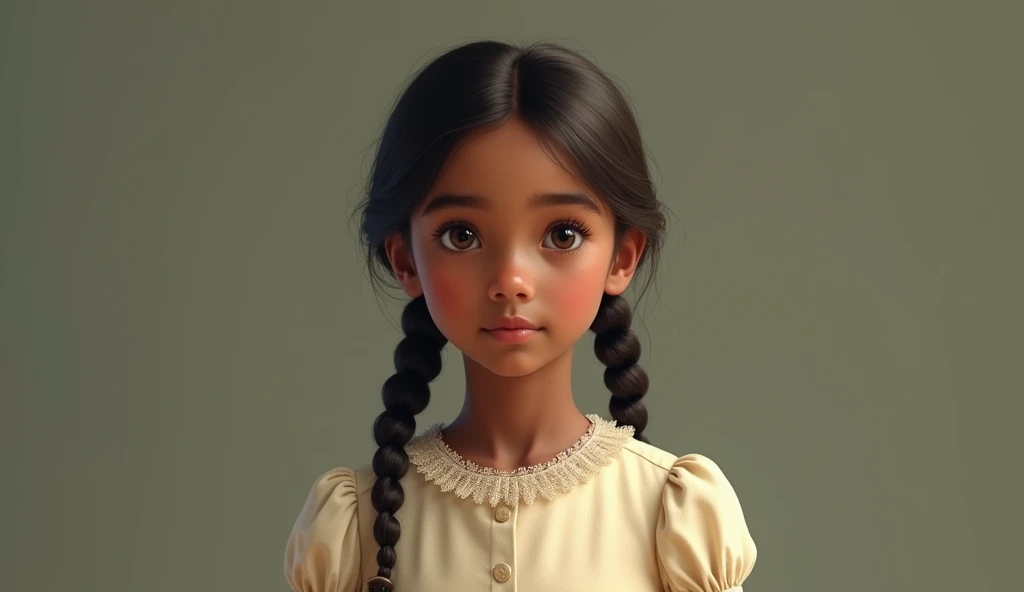 A picture of Amina's daughter in vintage clothes: An innocent girl, with two braids, a light colored dress, and an innocent face
