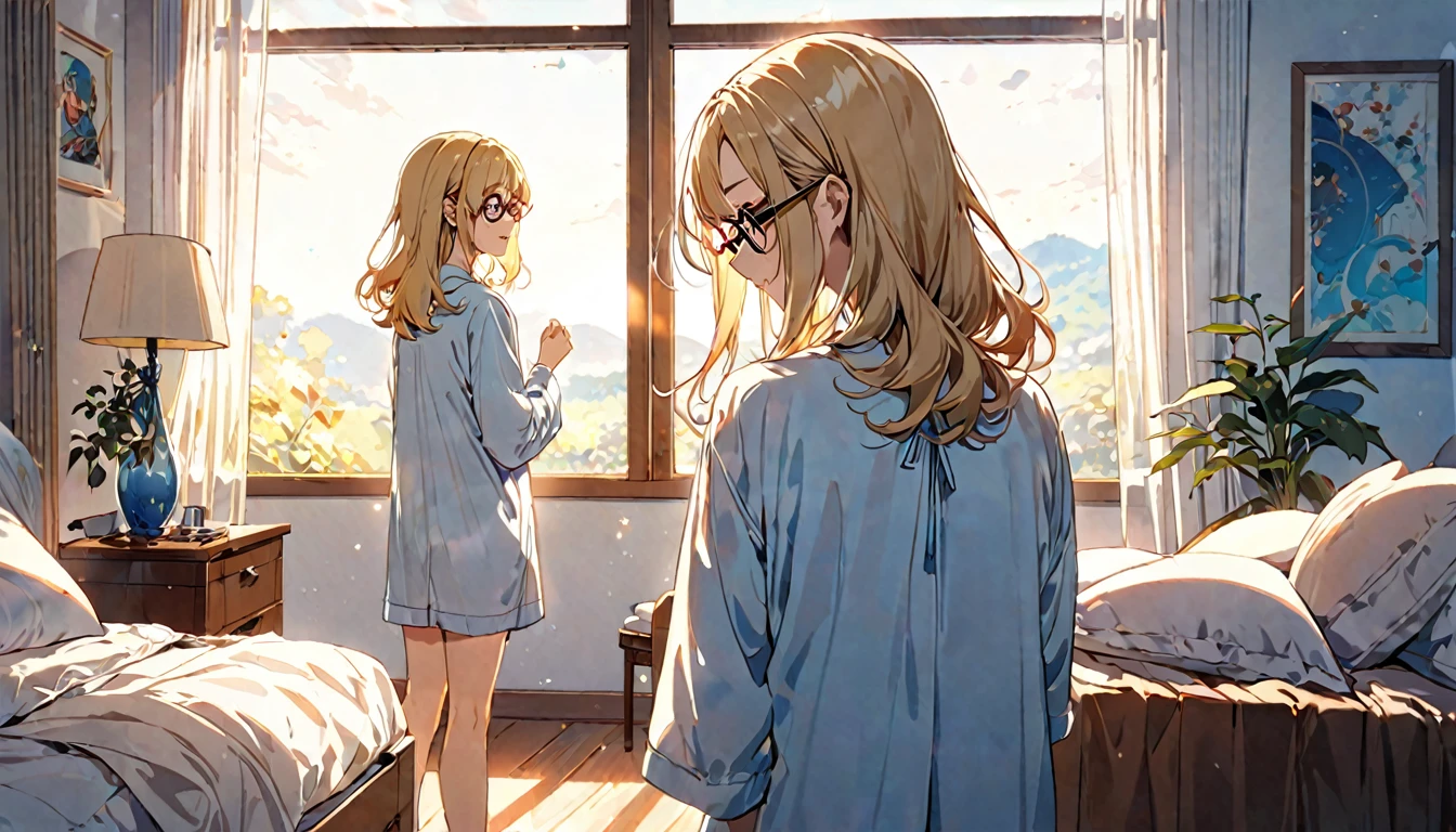 (Blonde and bespectacled woman)、(Listening to background music in the bedroom with the morning light streaming in)、(Extremely detailed、masterpiece、Highest quality、bright)、(Anime Style)
background：A room bathed in gentle morning light：Calm eyes closed、Looking out the window at the blue sky、Relaxed facial expression：Pajama Pose：Standing by the window、Back view：Quiet morning、Pleasant background music plays
