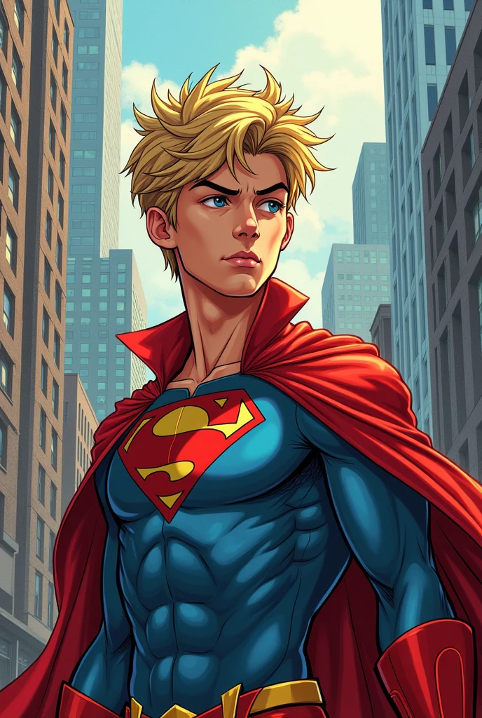 Teenage boy hero, blonde hair, lean body, athletic, American Comic Style