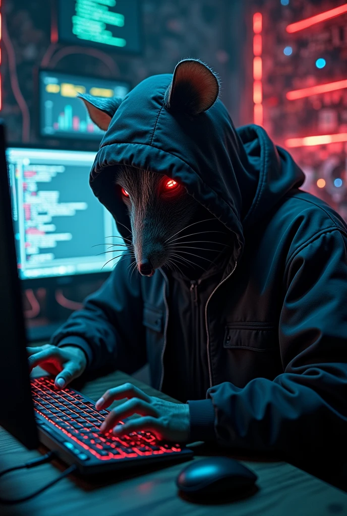 A Dengers Hacker with Rat mask with hacking bageound with computer more