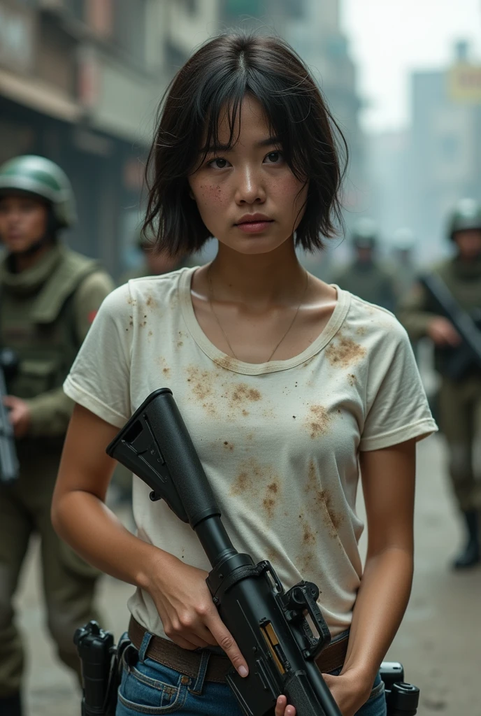 (best quality,8ก,Realistic photos,Realistic skin texture,american woman,beautiful japanese woman,Living in America,wearing dirty white T-shirt and jeans,doubt, Naked body,Rifle,short hair,Urban Warfare,Caught in the event,Start a counterattack,dirty,Action poses full of movement,Impressive and striking elements,half body,stalwart,Zoom out)、Facial abrasions