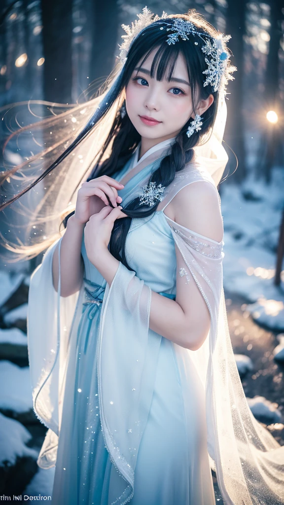 **Prompt:** Create an ultra-realistic 8K image of Yuki-onna, the snow spirit from Japanese folklore, reimagined as the ultimate fairy while retaining her iconic features. Yuki-onna is depicted with ethereal, translucent skin that glows softly with an icy blue hue, giving her an otherworldly, delicate appearance. Her long, flowing white hair cascades down her back, interwoven with tiny, shimmering snowflakes that sparkle like diamonds in the light.
She has delicate, frost-covered wings that glisten with a crystalline sheen, their intricate patterns resembling the most delicate of snowflakes. Her eyes are a deep, mesmerizing blue, filled with an ancient wisdom and a touch of mischief, as if she carries the secrets of winter within her gaze.
She wears a flowing, gauzy dress made of frost and ice, adorned with tiny icicles that dangle and sway with her every movement. The dress appears almost weightless, as if it is made of pure winter air, and it glows faintly in the light, adding to her ethereal presence. Her fingers are slender and graceful, and she holds a small, glowing orb of ice in her hands, from which tiny snowflakes drift and dance in the air.
The background is a magical winter forest, with frost-covered trees and sparkling snow blanketing the ground. Soft, ethereal light filters through the trees, casting a gentle glow over the entire scene. The air is filled with the soft sound of snowflakes falling, creating a serene and enchanting atmosphere.
Yuki-onna’s expression is gentle and serene, with a slight, knowing smile that suggests she is both a guardian and a playful spirit of winter. The scene captures her as the ultimate winter fairy, a being of delicate beauty and enchanting magic, blending the mystique of Yuki-onna with the whimsical charm of a fairy.