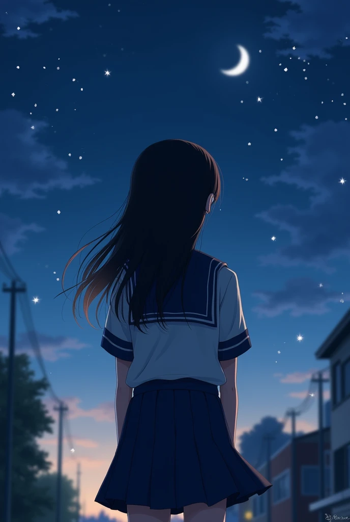 Black hair girl back view sailor suit school night