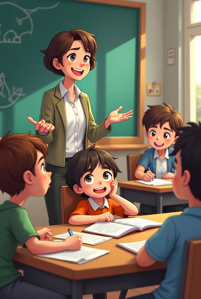 Create a humorous classroom scene where a teacher stands at the front, looking amused and slightly frustrated, while pointing towards a student who has fallen asleep at their desk. The student, half-awake with a sleepy smile, is trying to explain himself with a cheeky expression. Other students in the background are giggling or smiling, and the classroom is filled with typical elements like a blackboard, desks, books, and posters. The overall mood should be light-hearted and funny, capturing the