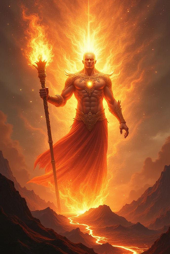 A powerful, elemental god wielding a fiery torch, standing amidst a realm of eternal transformation, with molten lava, blazing volcanoes, and a backdrop of cosmic rebirth, symbolizing the cycles of change and renewal.
