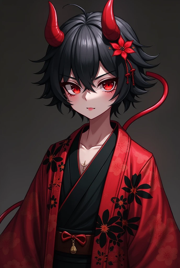 menacing, crimson red and black flower demonized open kimono, black hair, red tips in hair, short hair, slightly wavy hair, male, small, curved horns, tattoo above left eye and on neck, crimson spider lily on left side of hair,