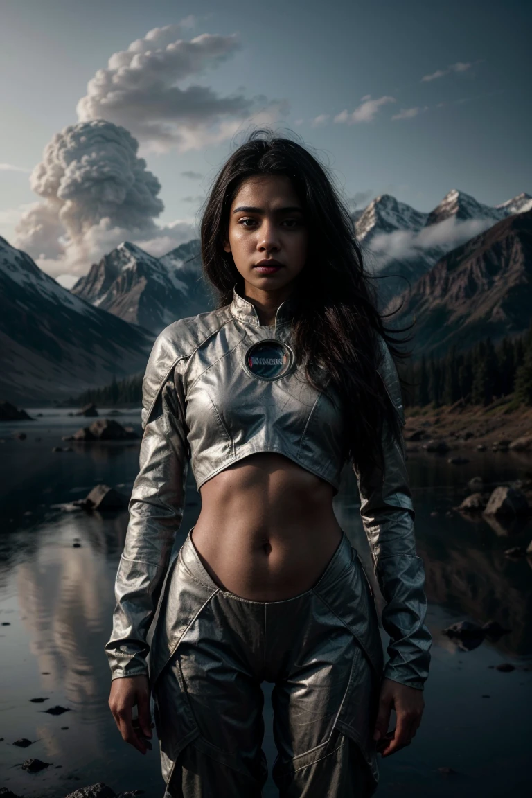 A beautiful Indian girl, wearing a silver spacesuit, standing on an endless surface of water, floating mist, holding a large ion gun in both hands, mountains in the background, no frontal fill light, dark light, rich in detail Inspired by the movie Alien prequel Prometheus