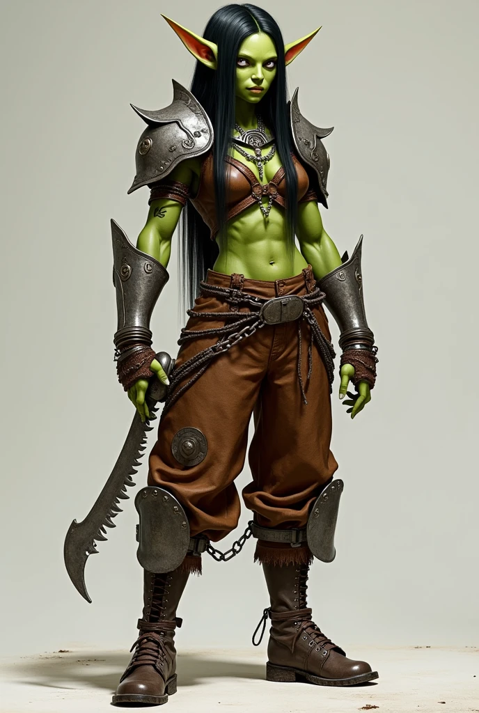 light armor made of leather and iron shoulder pads, brown pants have shackles on their arms and wears brown boots with saws and steel shin guards and knee pads made of the same material as the shin guards, her appearance is lime green skin and long straight black hair and white eyes female goblin