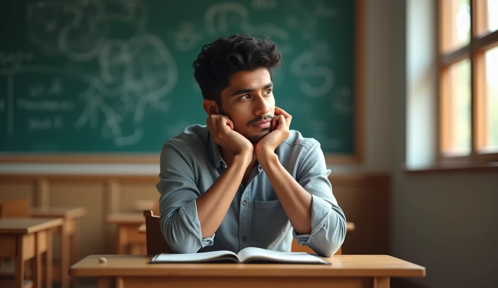 A realistic image of a 20-year-old Indian male student sitting on a school desk. He has both hands resting on his cheeks, looking straight ahead with a thoughtful expression. The setting is a typical classroom with a wooden desk and a chalkboard in the background."