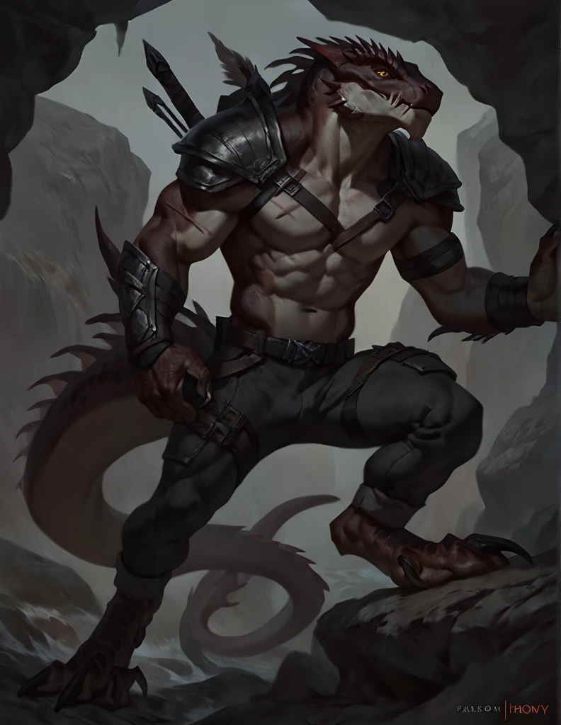 a ferocious male lizardfolk, anthro Glavenus, athletic, mercenary, pants, solo, scaly detailed body, full body, scars on body, cream and gray color body, yellow eyes, giant tail, comicbook style, best quality, 4k, ultra-detailed, by laobai, by taran fiddler, by honovy