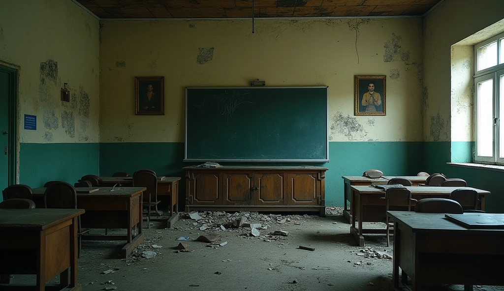 
Deserted rooms of Gulzar High School: An empty classroom, broken furniture, old pictures on the walls, and dim light streaming in from the windows.