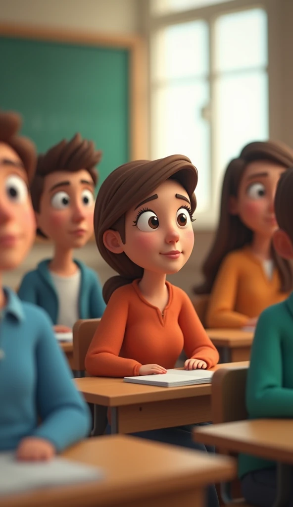3D animation style image of a group of students sitting at their desks, all looking attentively at the professor. The students are diverse in appearance, with simple expressions of curiosity and interest. The classroom background is minimalistic, keeping the focus on the students and their attentive expressions.