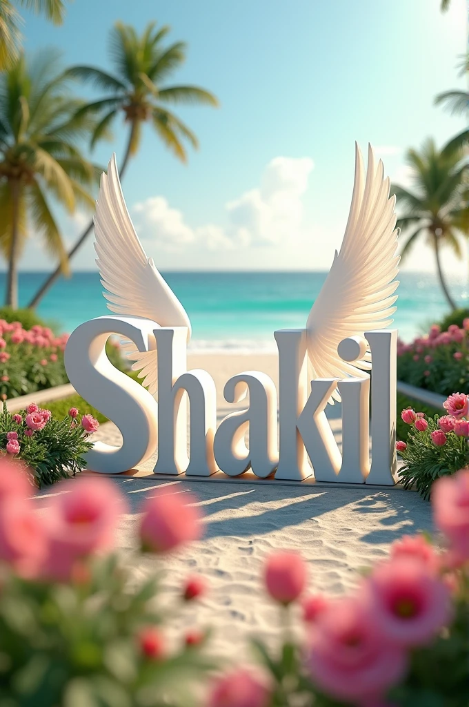 create a 3d picture of the word "SHAKIL", white
letters in wings, flowers, garden, park and
background have pristine beach Palm trees
sway gently in the warm breeze, clouds,
casting long shadows across the sand. 3d
realatic and ultra quality picture