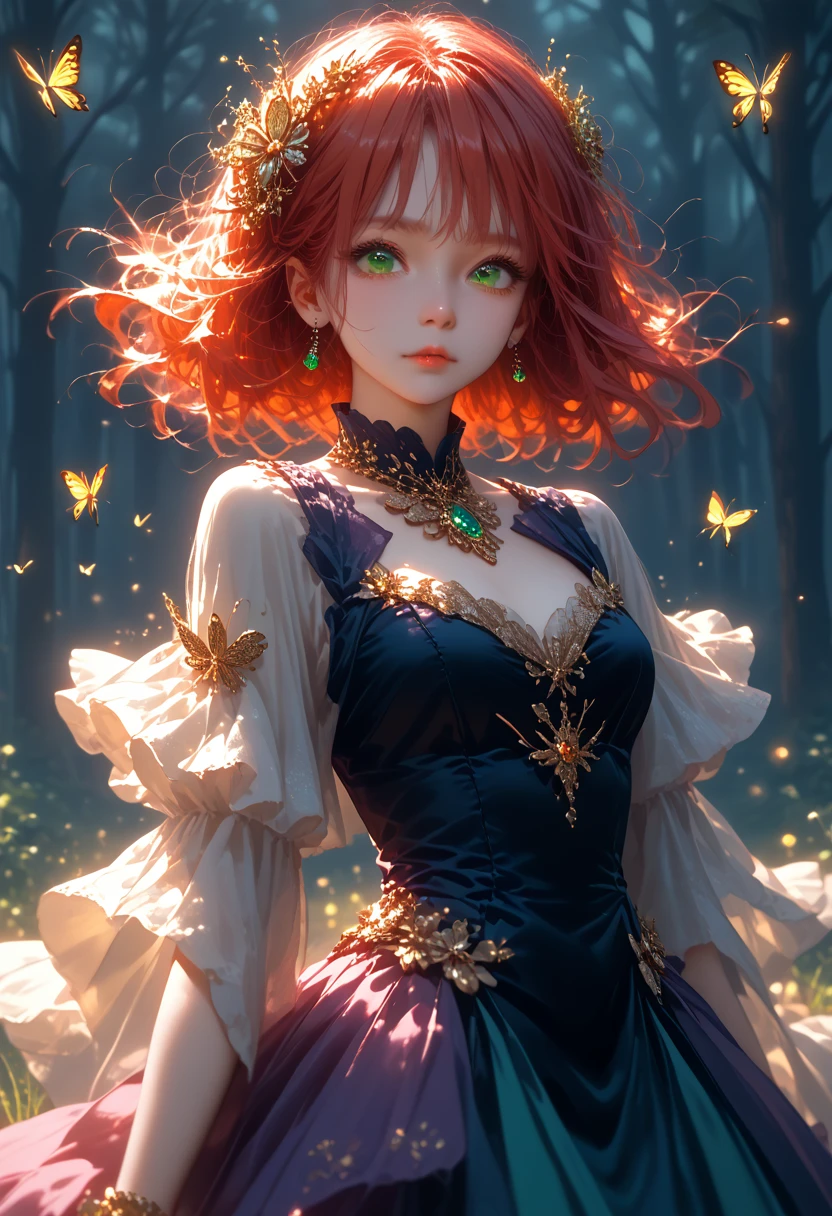 One Anime Girl About 2 With A Beautiful Figure Beautiful Body In Thin Clothes Sparkles With Gold Dust With Gold Jewelry And Purple Patterns On The Dress, black and red hair, bright green eyes, Butterflies Fly Purple Gold Color with Blue Iridescence Very Many and Colorful, full detailed, masterpiece, bright colors, The Dark Night Background in the Enchanted Forest where the Lights Sparkle and Shine and Wasps Light up the Night Depths,Glitter and Beauty, Grass and Magic Moss Everything grows on the ground, very beautifully and colorfully, Large Scale Painting, score_9,score_8_up,score_7_up,dramatic lighting,highly detailed,high budget,bokeh,cinemascope,moody,epic,gorgeous,film grain,grainy,masterpiece,best quality,perfect anatomy,very aesthetic,official art,8k