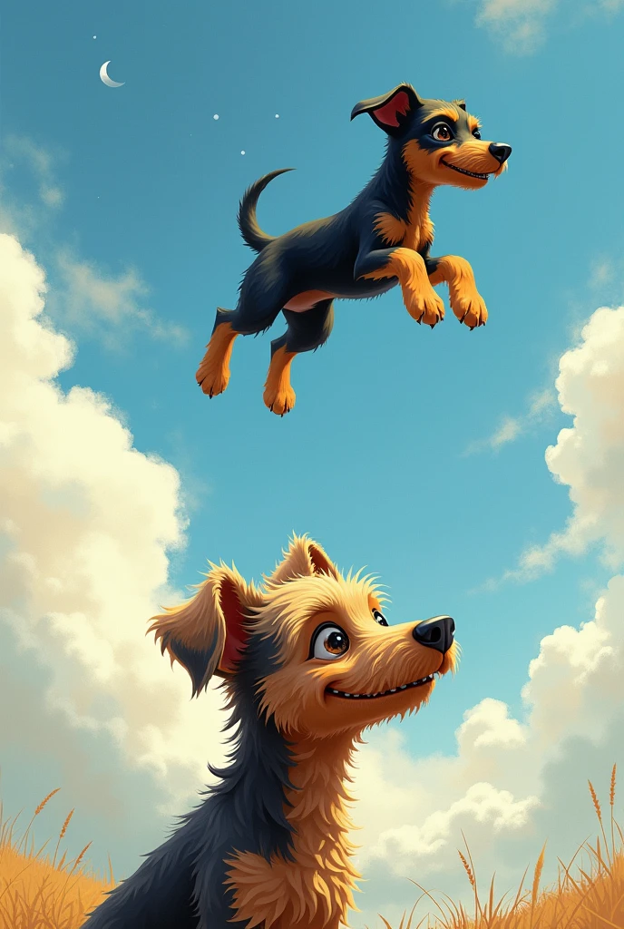 Fox Paulistinha dog, dreaming of a black and yellow Pincher playing in the sky 