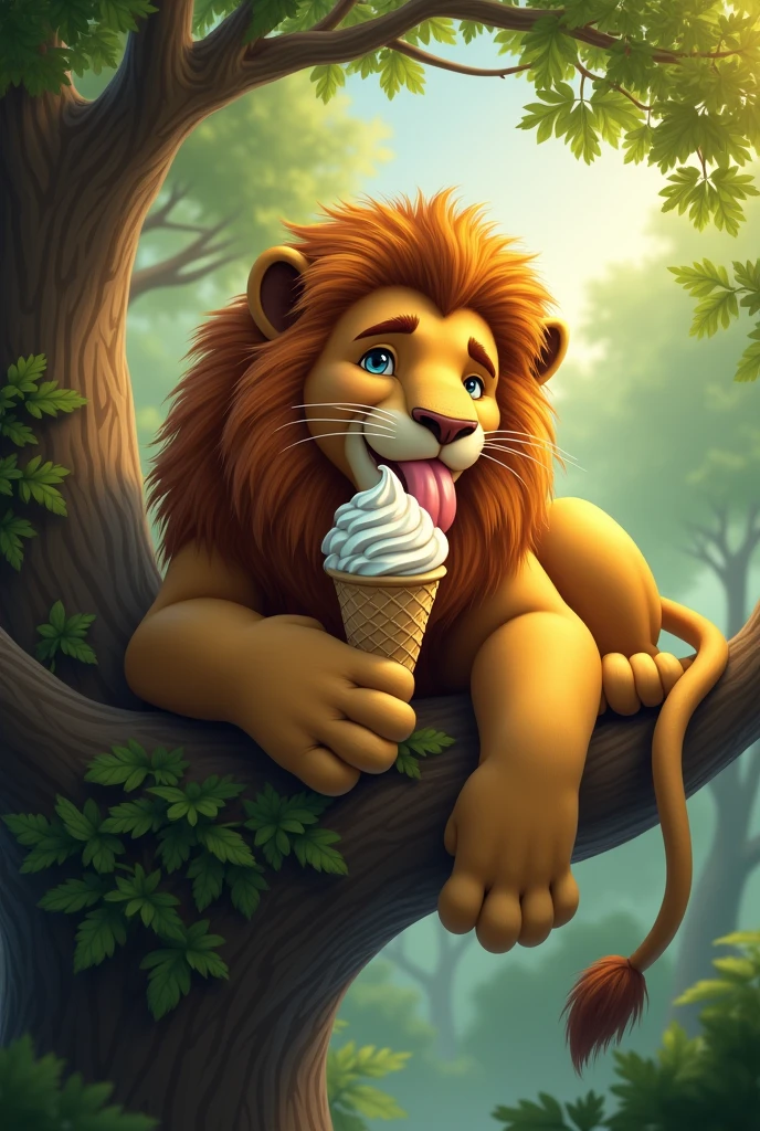 Lion sitting on a tree and eating ice cream 
