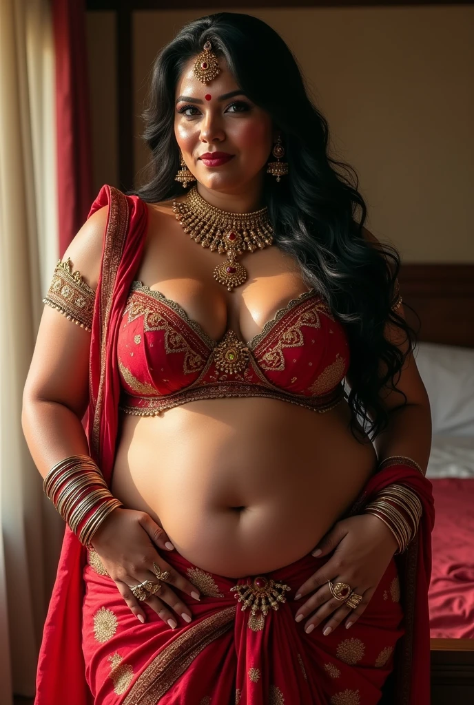 Fit, Red saree VEIL, Big lips, full body picture , BBW Wet curvy, wet Desi woman showing her big ass in sexy THONG pattern sexy lingerie and showing cleavage and in nose ring, many bangles in hands,earings, necklace ,lipstick ,navel,Indian, Chubby, showing her curves, in bedroom and STRAP IN NECK. Indian married woman
