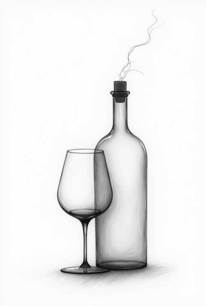 liquor bottle and wine glass fading together, black and white line drawing 
