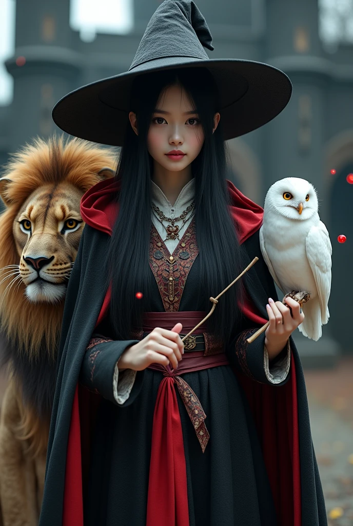 photo, asian woman, white skin, Slender face, Facing straight, Fluffy black hair, Long slender fingers, Black witch cloak, Red Hood, black witch hat, White collared inner shirt, Red and white patterned tie, Holding a small wand, There were red sparks coming out of the wood., A white owl stands on the right shoulder., A large golden lion appeared from the left rear side., The background is an old black castle.