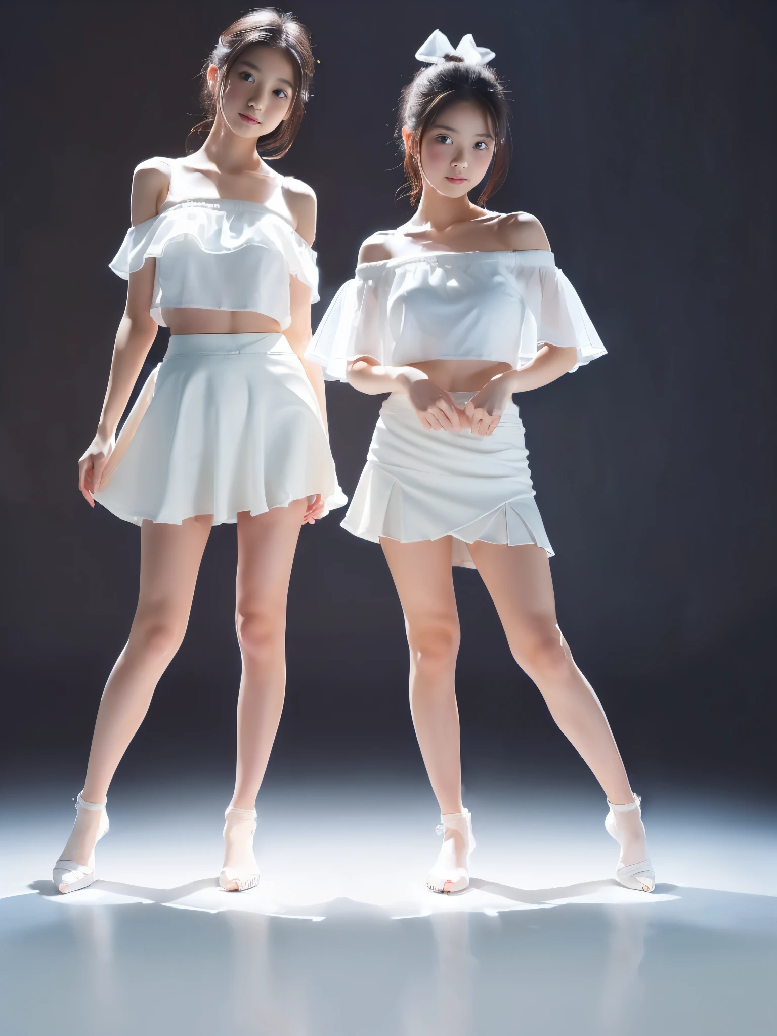 ((Full body portrait:1.5)),(very short pure white tight skirt:1.5),beautiful virgin with a baby face and childlike figure wearing pure white Sheer off-shoulder lightly Top,(looking at another),(arms behind back),afterglow,(feeling of despair),showing panties,Ultra high definition,Highest quality