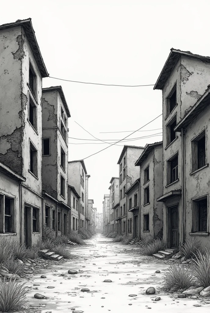 A sketch of zombie apocalypse and buildings, empty houses