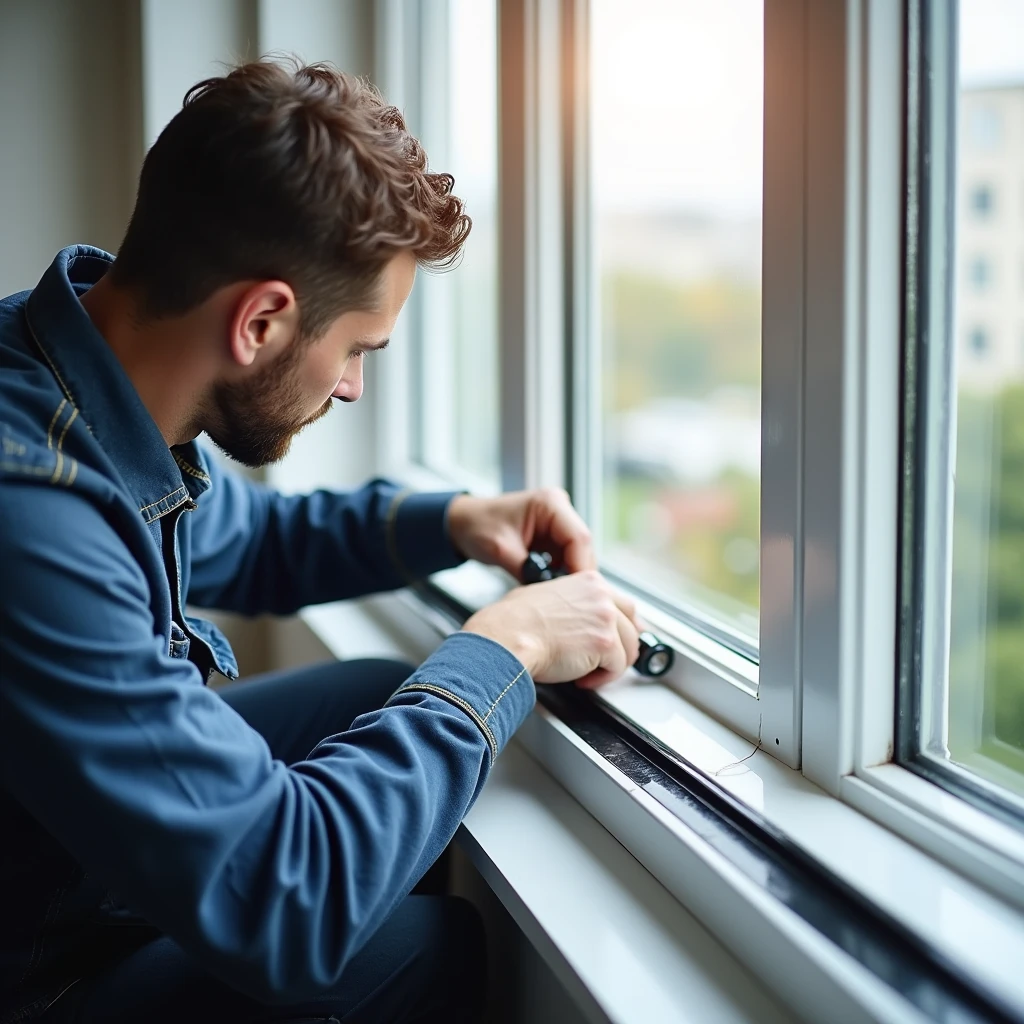 A professional and realistic image of a technician replacing the sealing gasket on a modern window frame. The technician is carefully installing the new gasket along the edge of the window, using specialized tools. The environment is clean and well-lit, emphasizing the quality and professionalism of the window installation and maintenance services. The modern window provides a clear view to the outside, with the focus on the gasket replacement process, conveying trust and reliability in the services offered by the company.