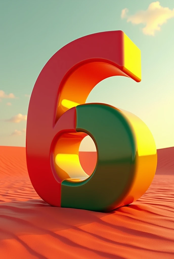 The number six (6) in 3d in red sand color, yellow and green